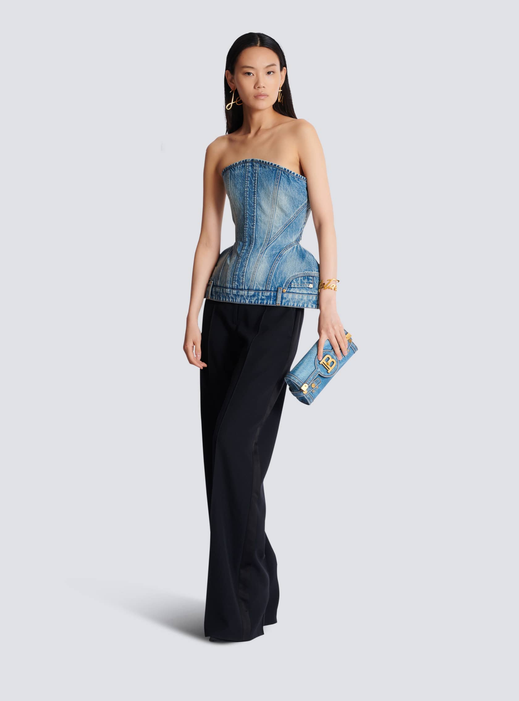 BALMAIN BASQUE DENIM BUSTIER TOP - BEYMEN