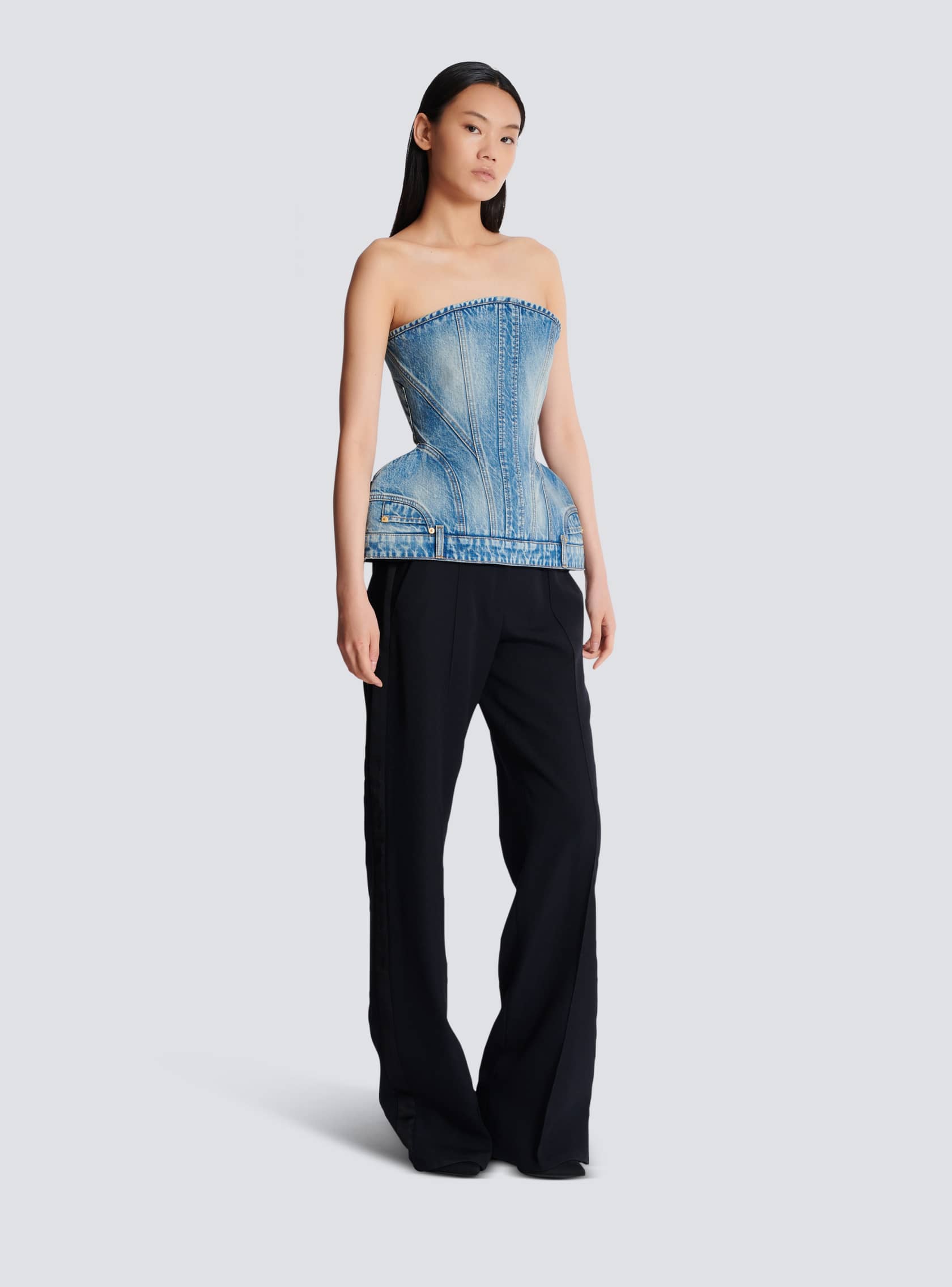 BALMAIN BASQUE DENIM BUSTIER TOP - BEYMEN
