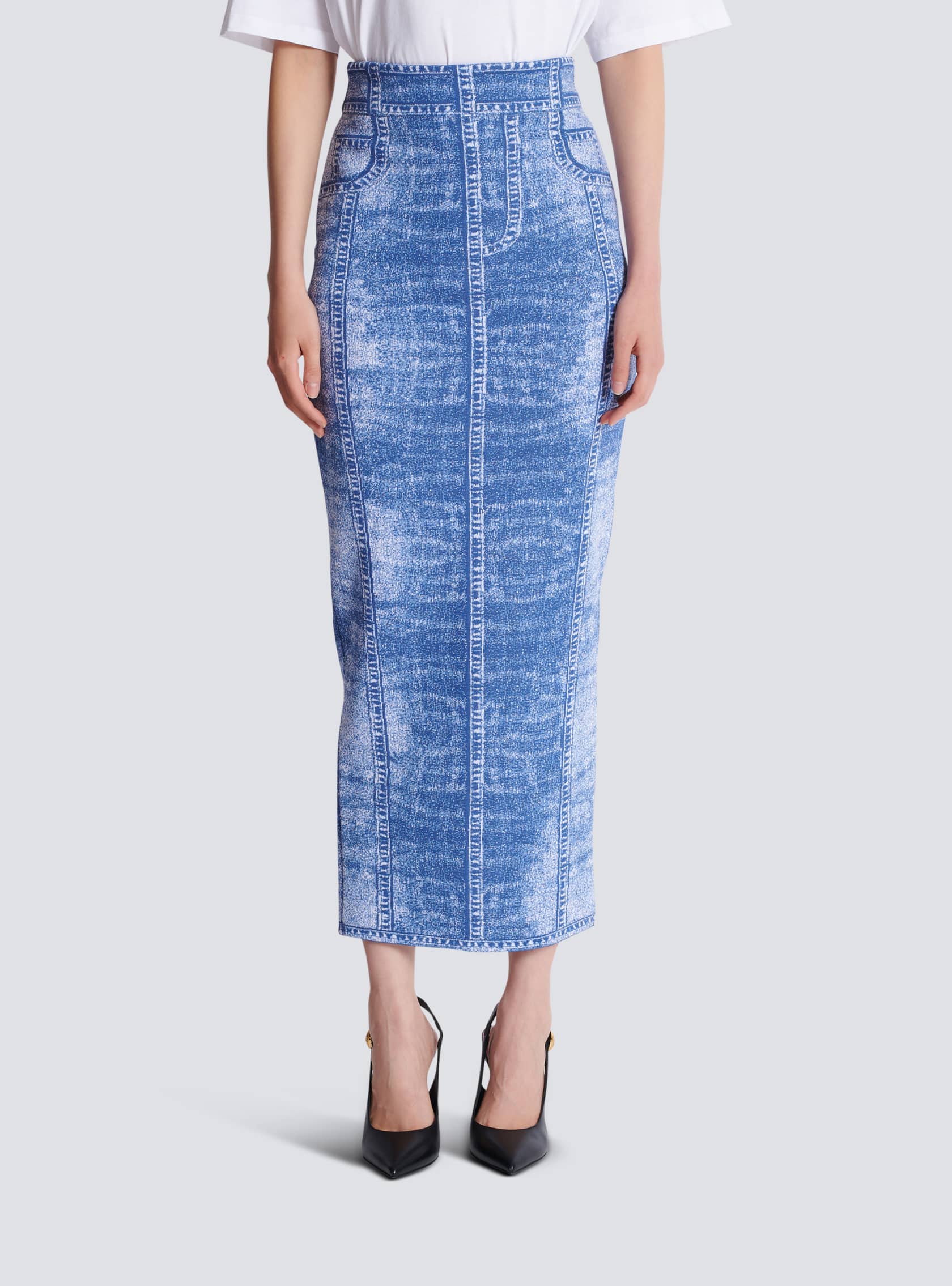 BALMAIN DENIM TROMPE MID SKIRT - BEYMEN