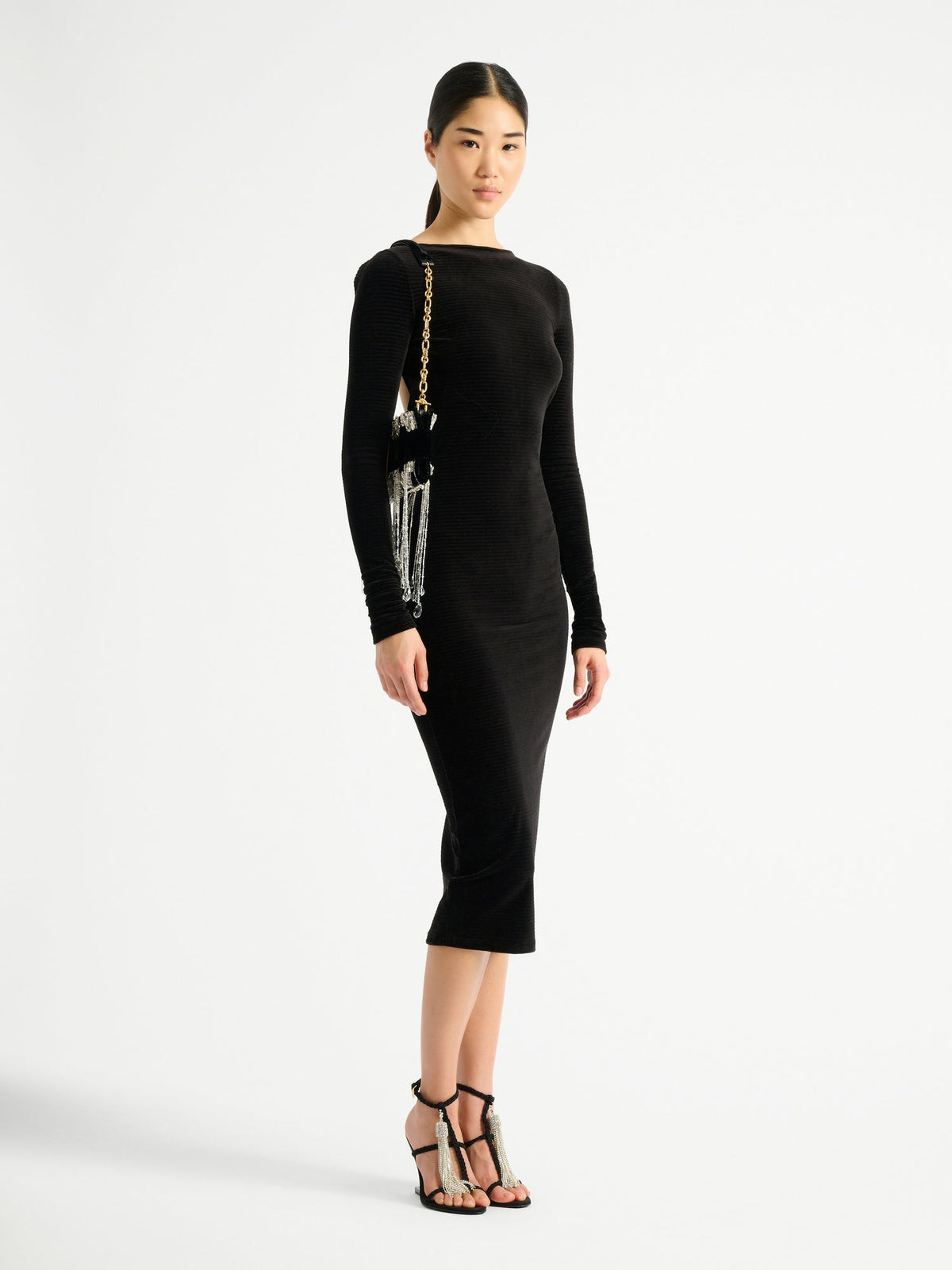 BALMAIN OPEN BACK EMB VELVET DRAPED LO - BEYMEN