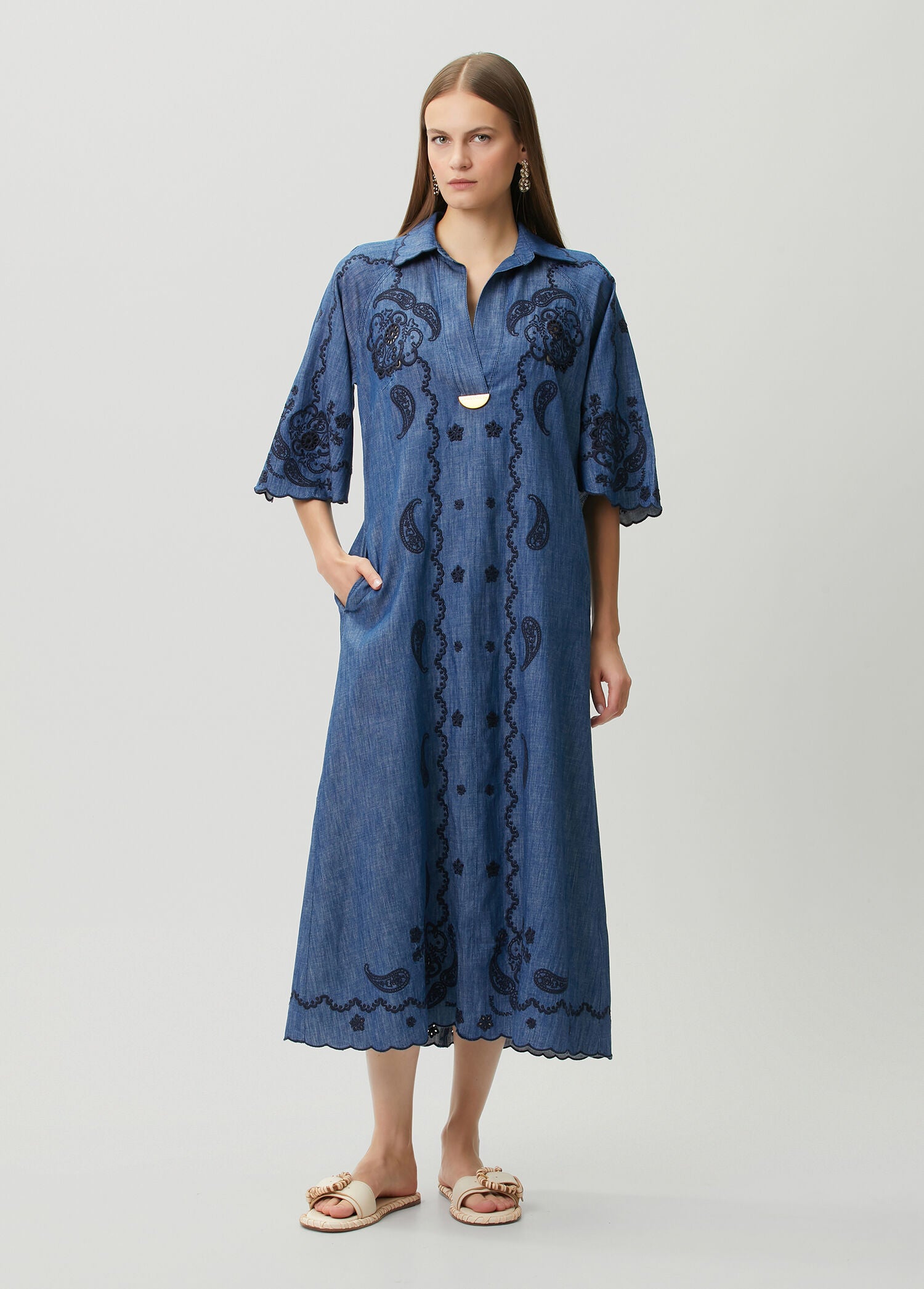 ZIMMERMAN ASTER EMBROIDERED DENIM MIDI - BEYMEN