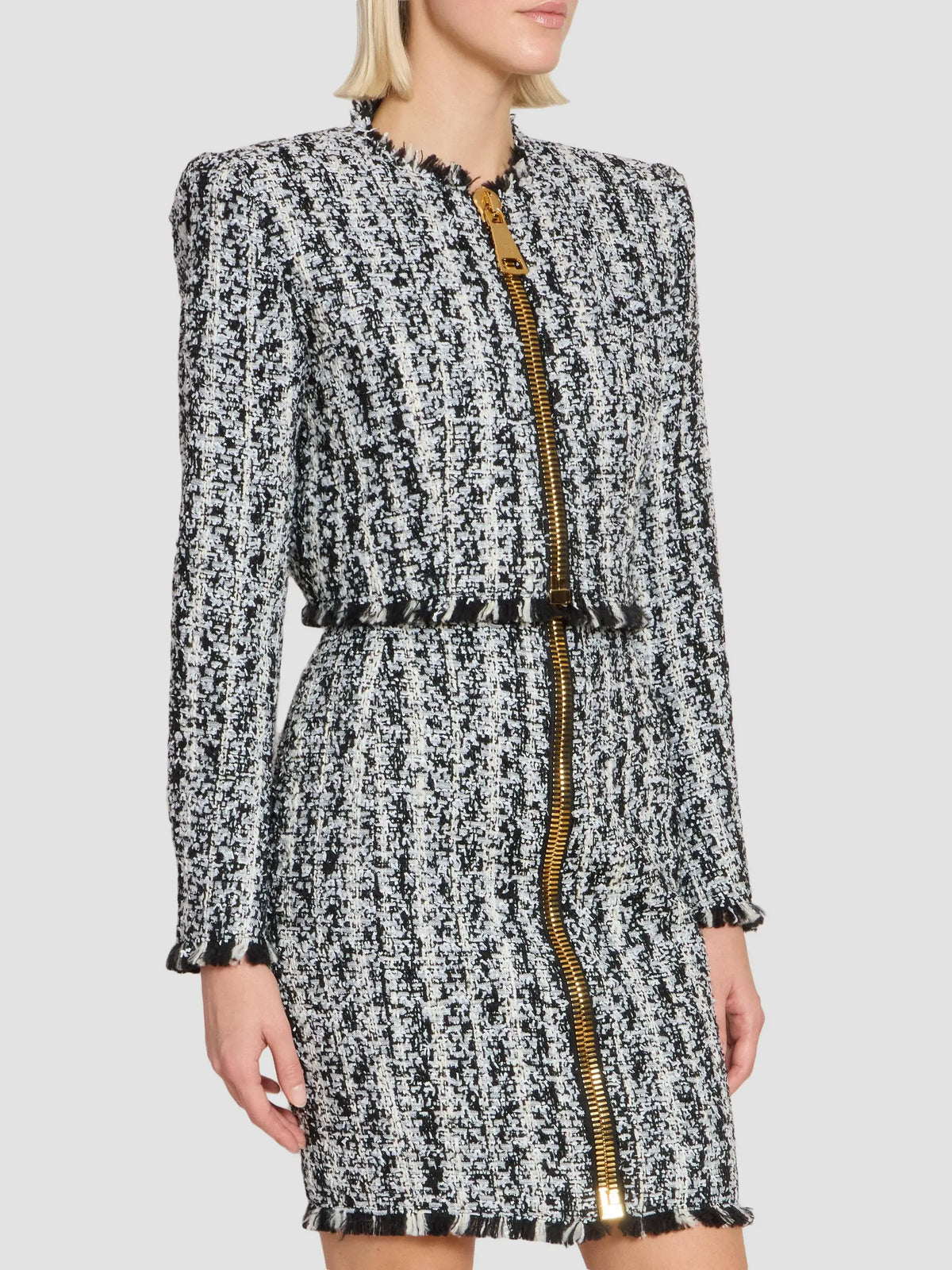 BALMAIN ZIPPED B&W TWEED CROPPED SPENCER - BEYMEN