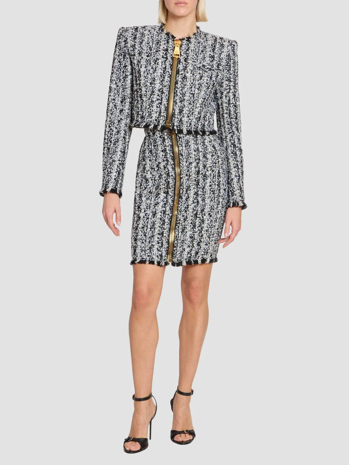 BALMAIN ZIPPED B&W TWEED CROPPED SPENCER - BEYMEN