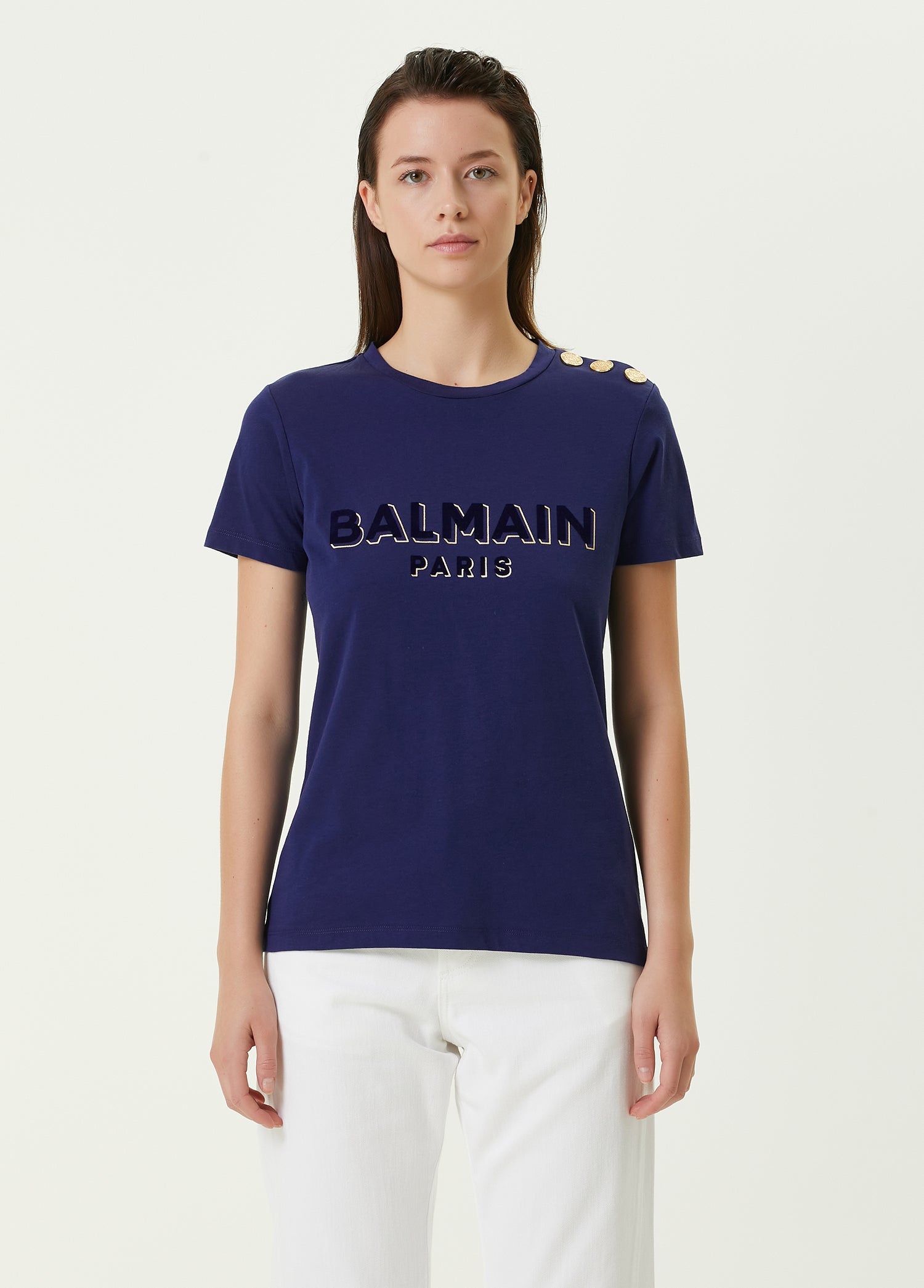 BALMAIN 3 BTN LOGO FLOCK T-SHIRT - BEYMEN
