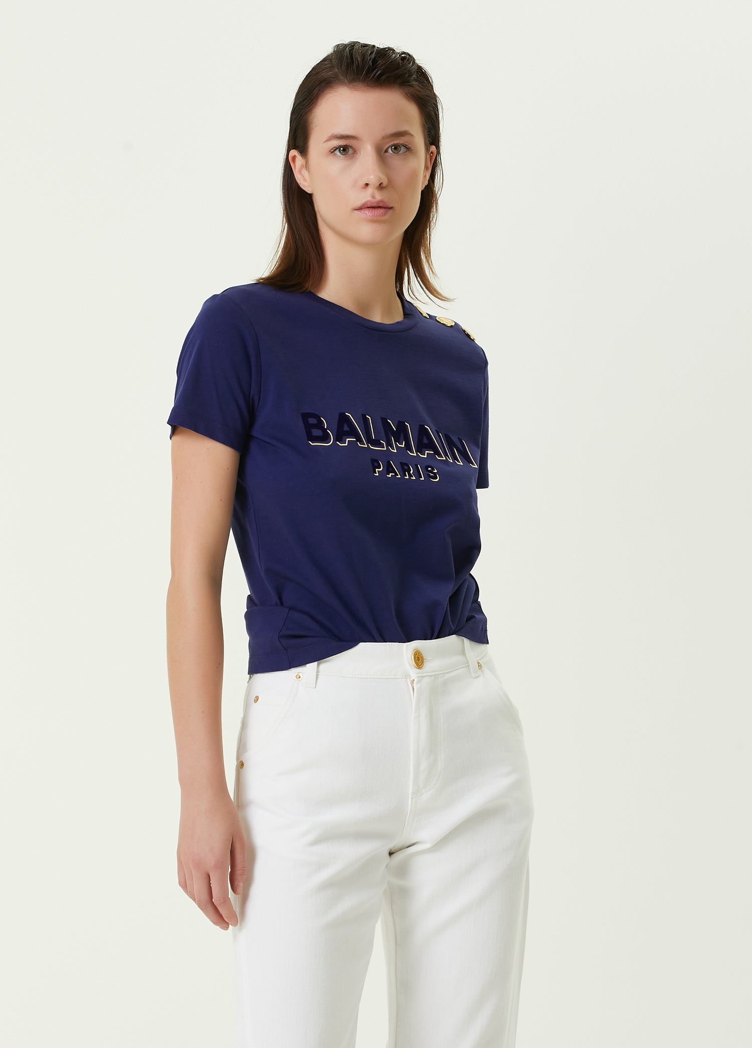 BALMAIN 3 BTN LOGO FLOCK T-SHIRT - BEYMEN