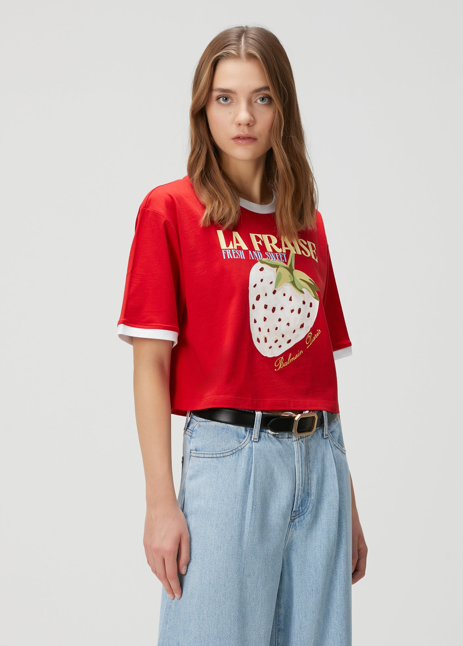 BALMAIN PRINT CROP T-SHIRT - BEYMEN
