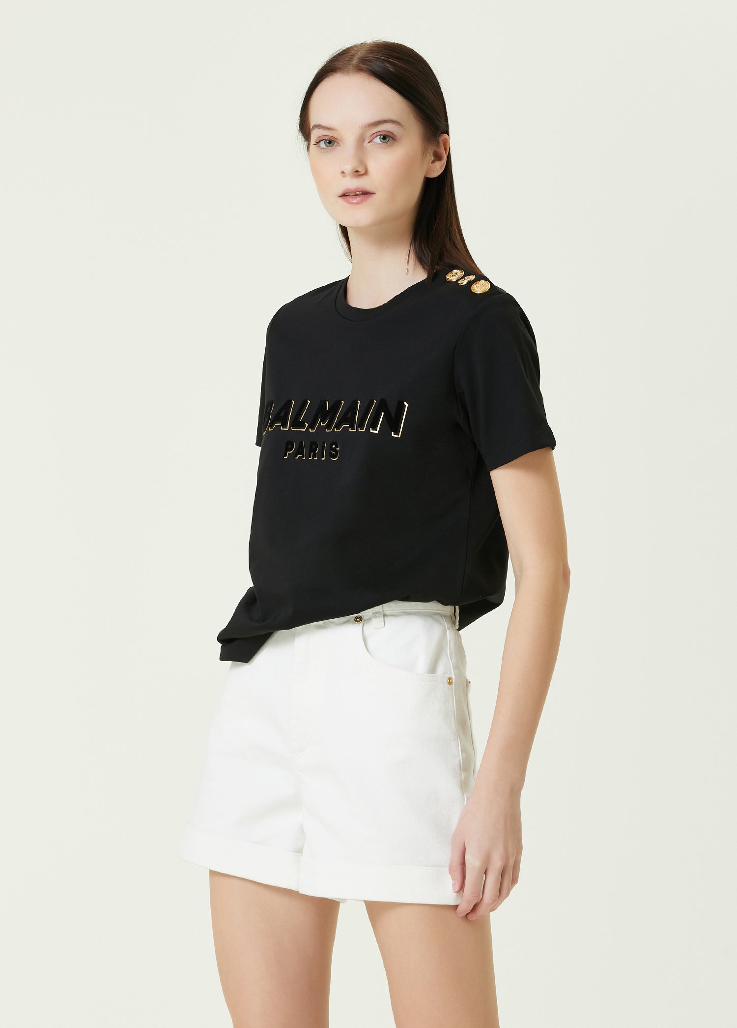 BALMAIN 3 BTN LOGO FLOCK T-SHIRT - BEYMEN