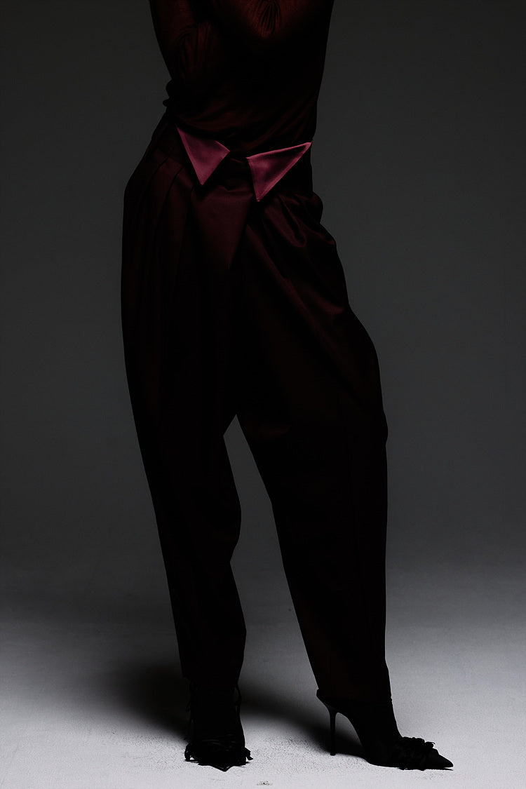 GAZE DE LIN SATIN WAIST-CONTRAST WOOL PANT - BEYMEN