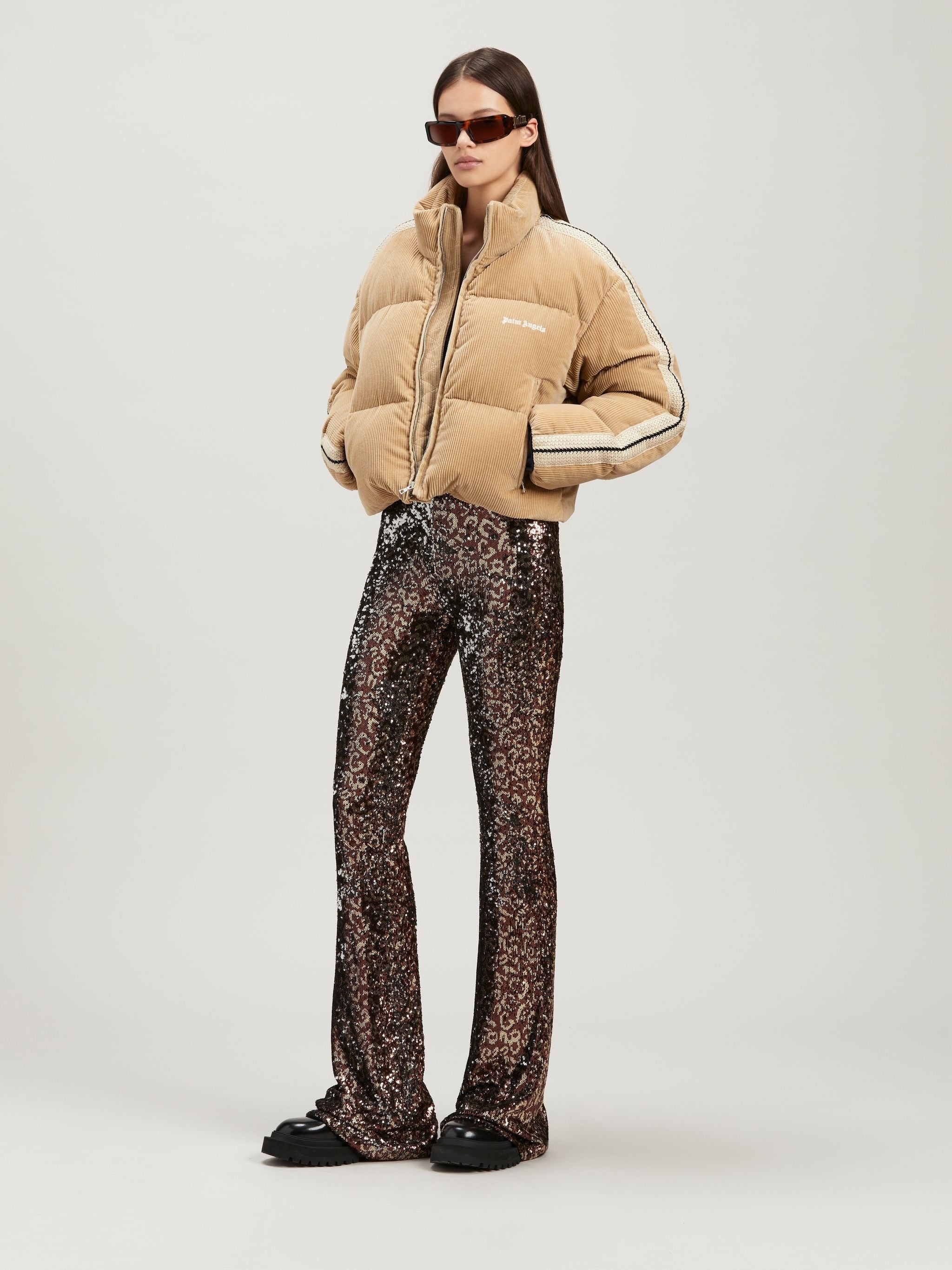 PALM ANGELS LOGO TAPE SEQUINS FLARE PANTS - BEYMEN