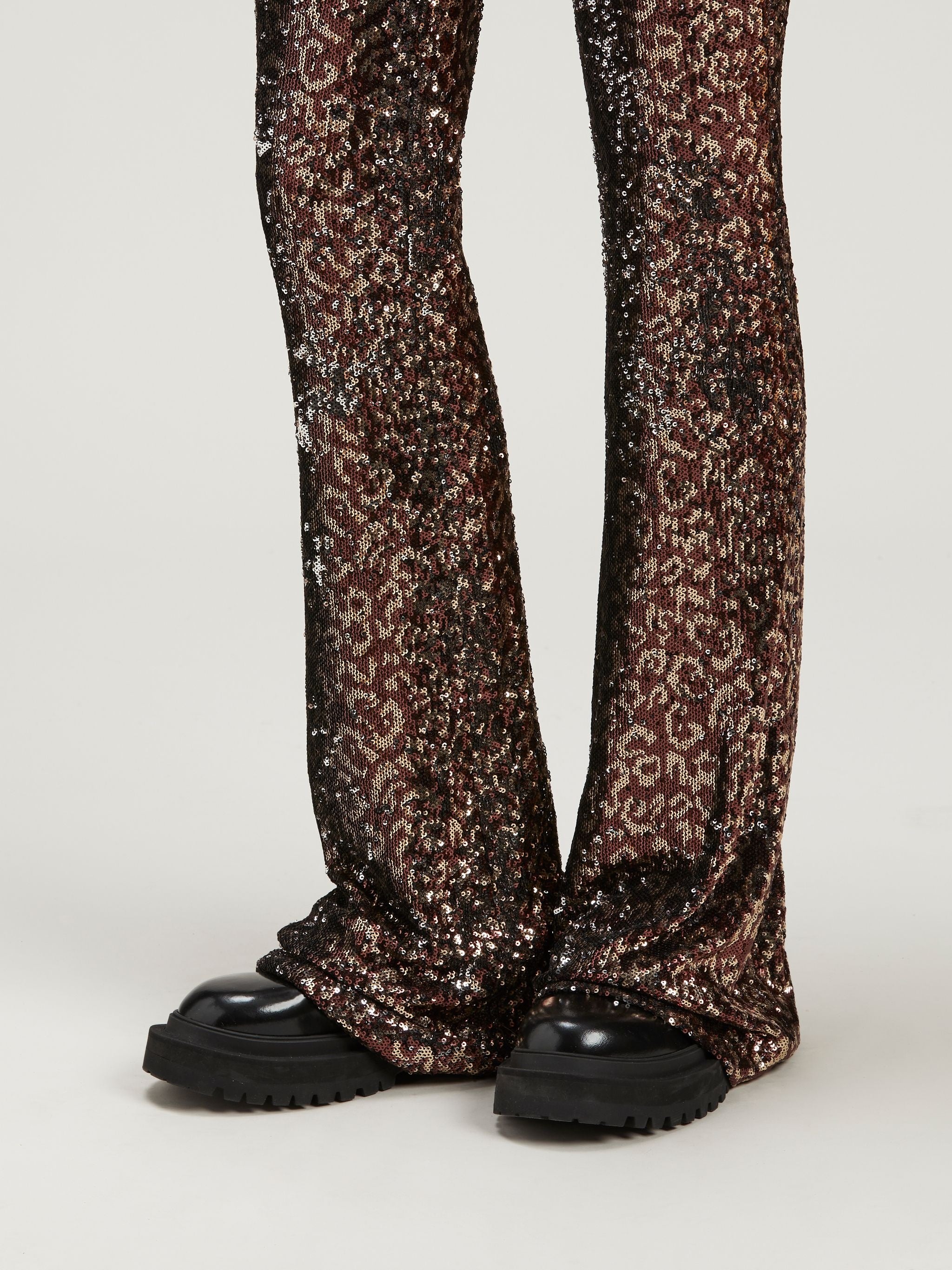 PALM ANGELS LOGO TAPE SEQUINS FLARE PANTS - BEYMEN
