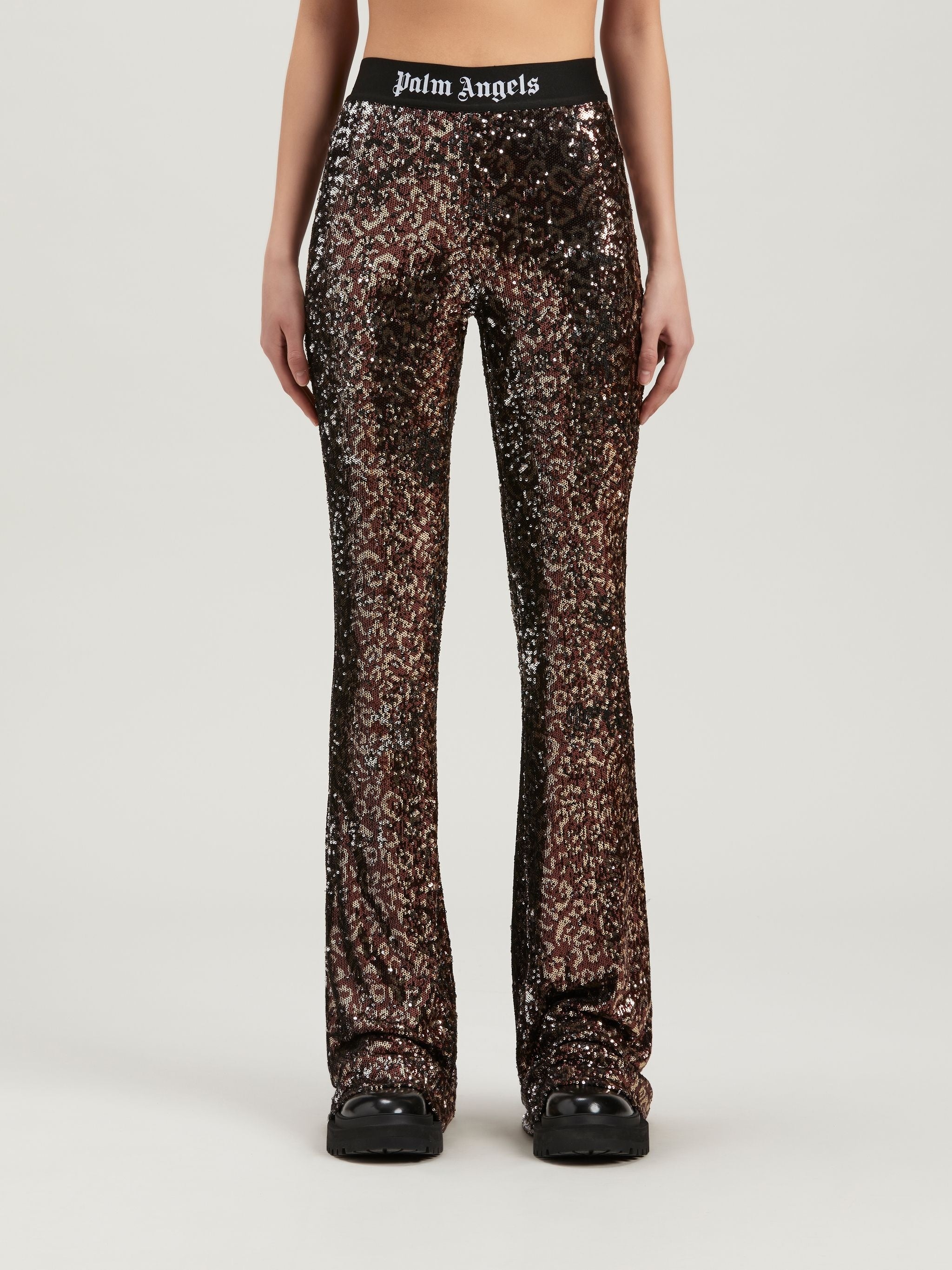 PALM ANGELS LOGO TAPE SEQUINS FLARE PANTS - BEYMEN