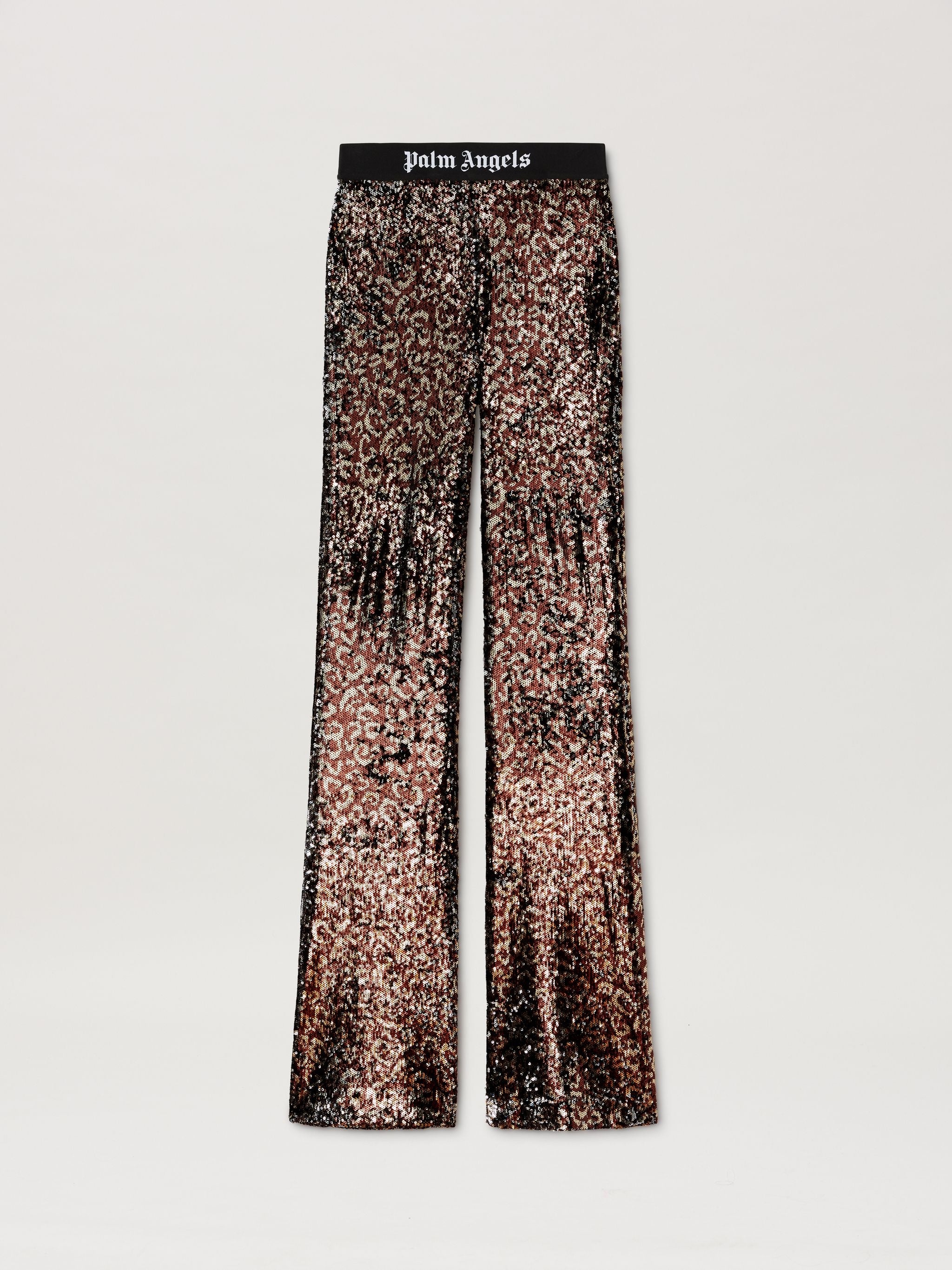 PALM ANGELS LOGO TAPE SEQUINS FLARE PANTS - BEYMEN