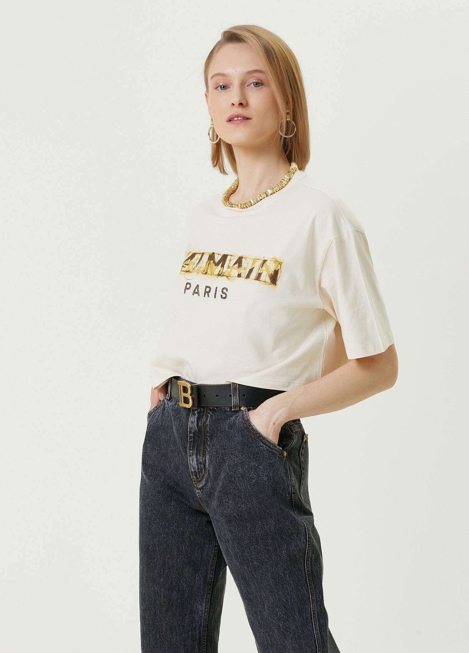 Balmain Cropped Print T-shirt