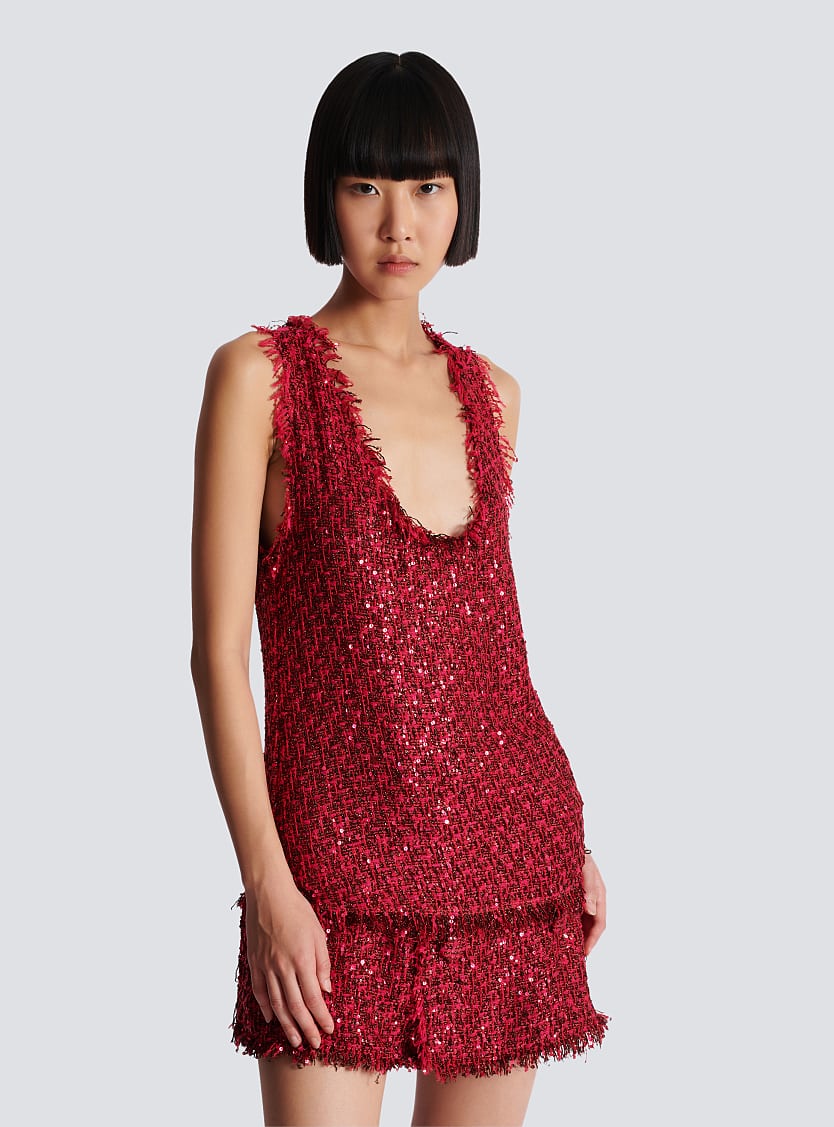 BALMAIN STRAPS GLITTERED TWEED TOP