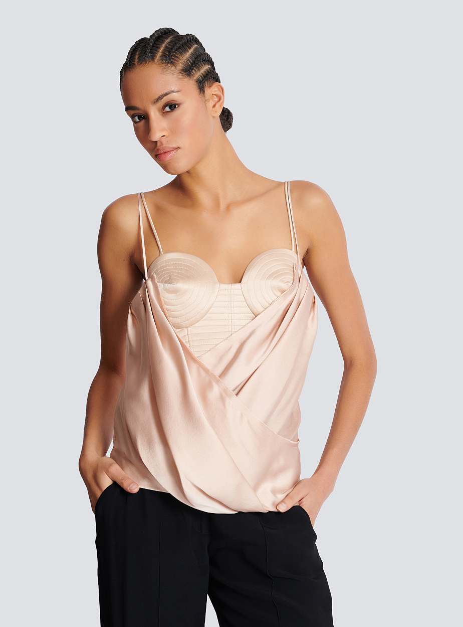 BALMAIN BUSTIER SATIN DRAPED TOP - BEYMEN