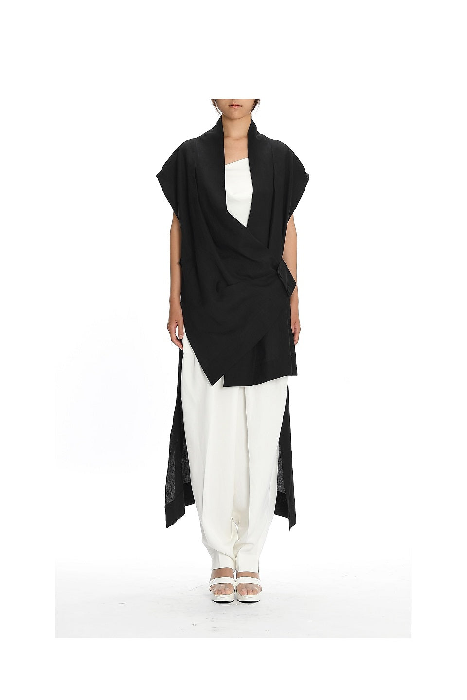 GAZE DE LIN DRAPE COLLARLESS LINEN VEST - BEYMEN