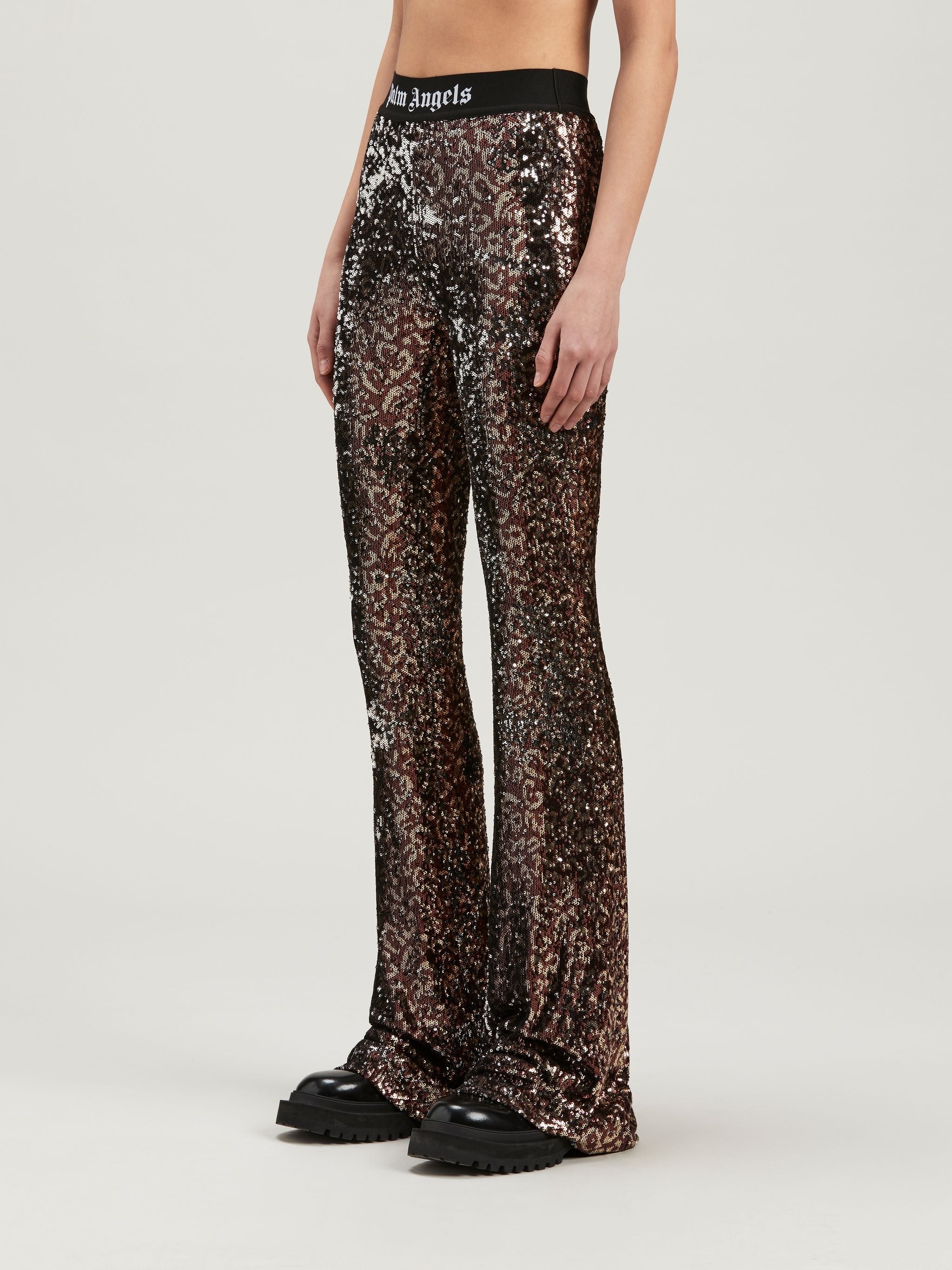 PALM ANGELS LOGO TAPE SEQUINS FLARE PANTS - BEYMEN