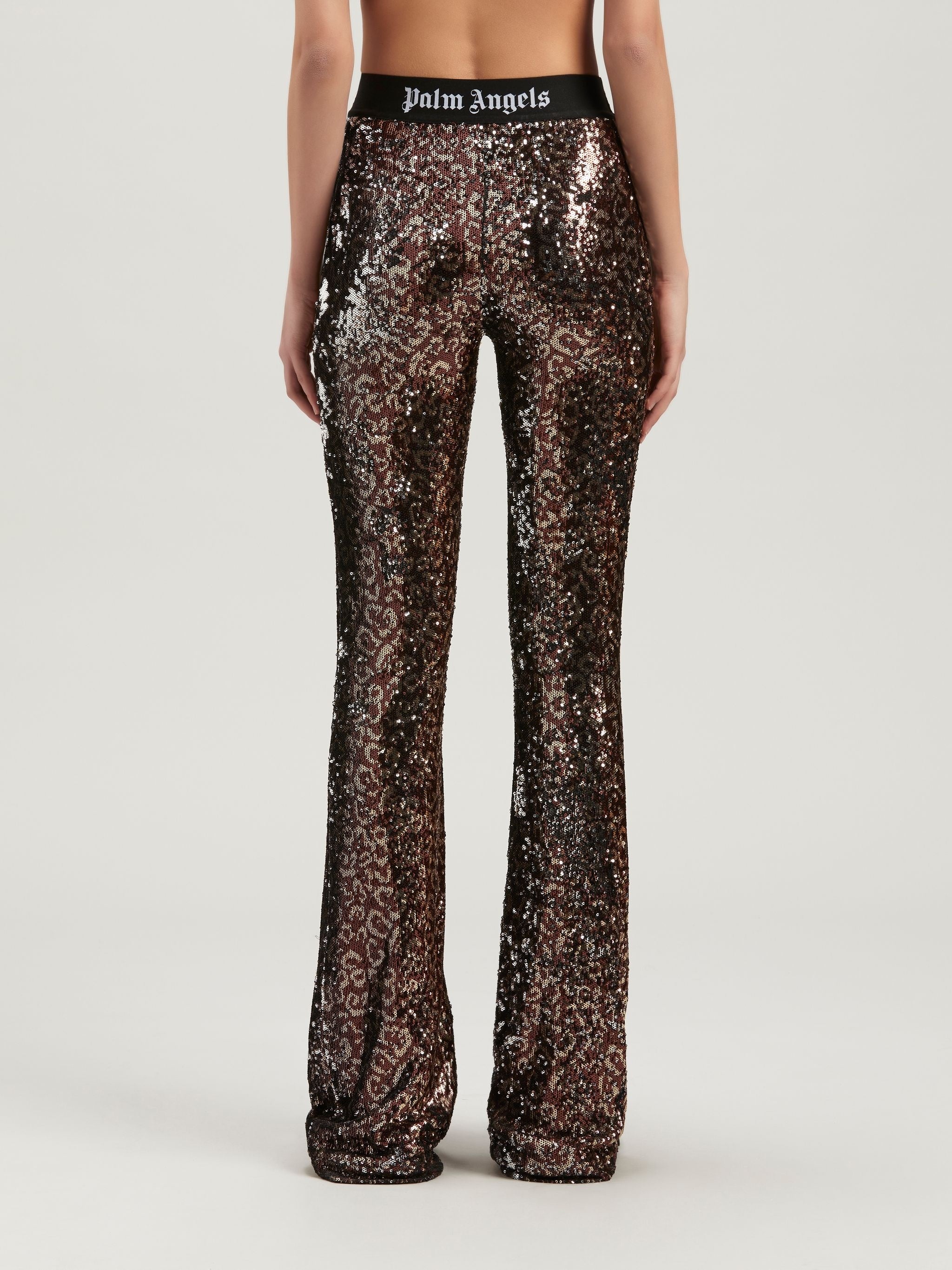 PALM ANGELS LOGO TAPE SEQUINS FLARE PANTS - BEYMEN