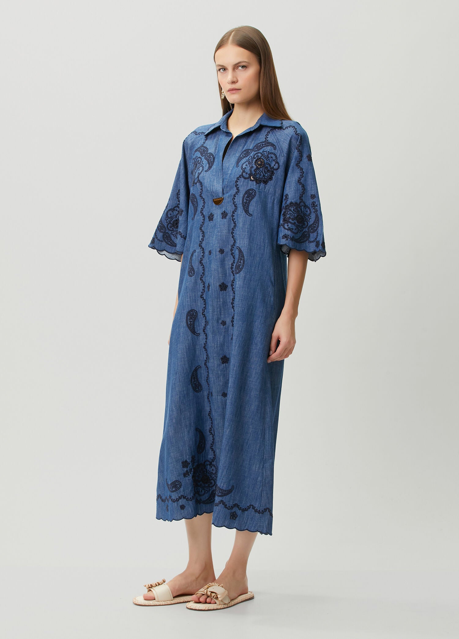 ZIMMERMAN ASTER EMBROIDERED DENIM MIDI - BEYMEN