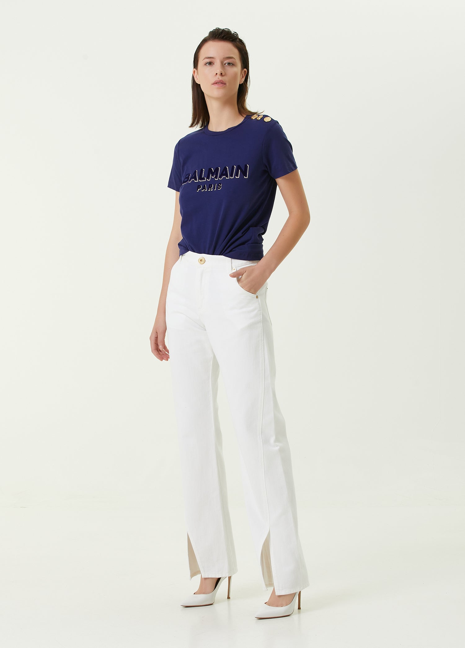 BALMAIN 3 BTN LOGO FLOCK T-SHIRT - BEYMEN