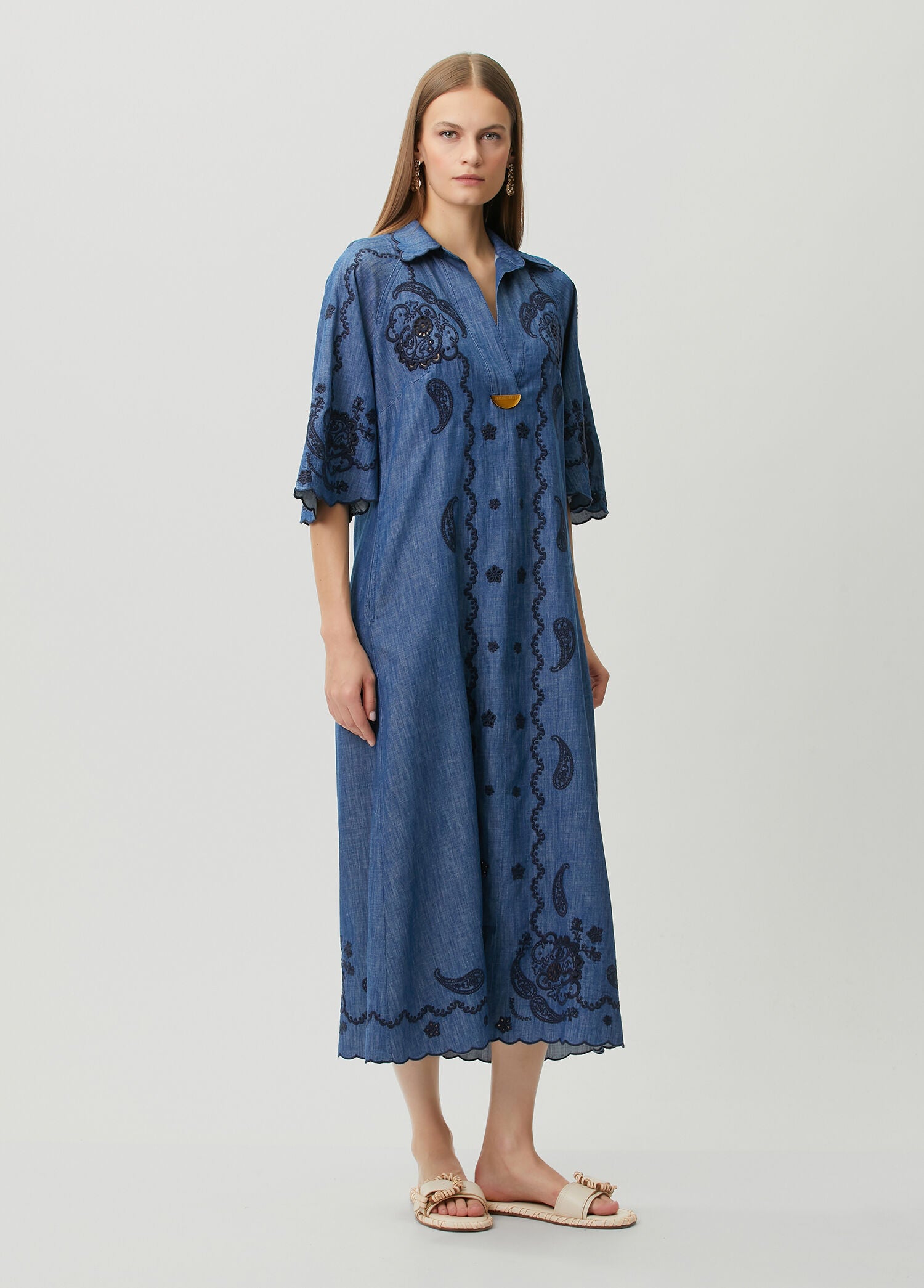 ZIMMERMAN ASTER EMBROIDERED DENIM MIDI - BEYMEN