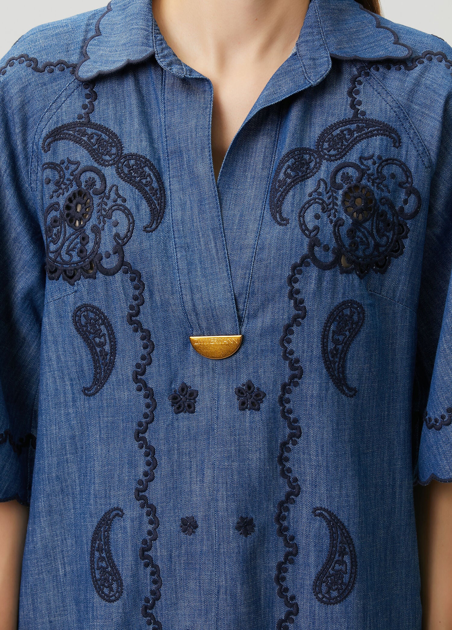 ZIMMERMAN ASTER EMBROIDERED DENIM MIDI - BEYMEN