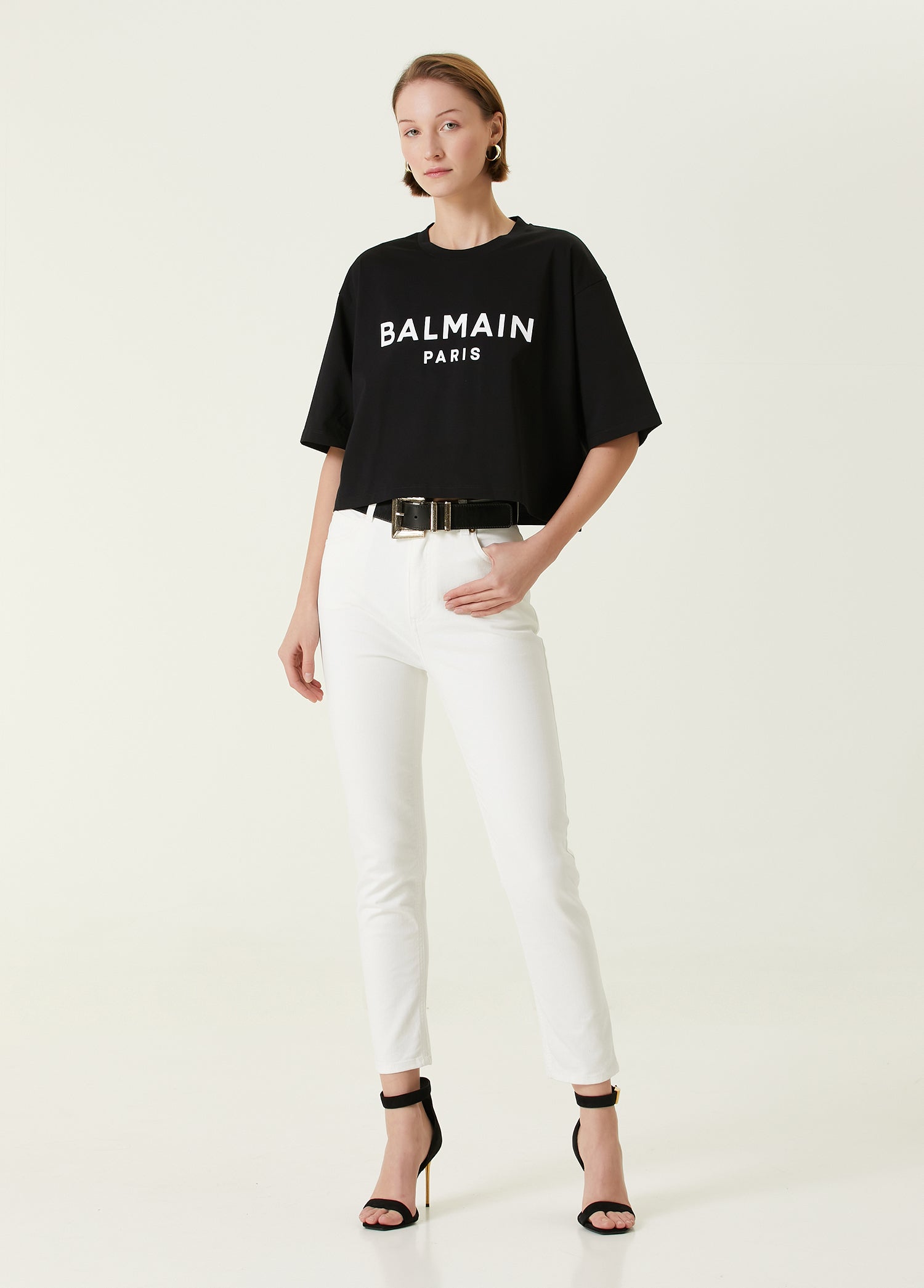 BALMAIN CROPPED PRINT T-SHIRT