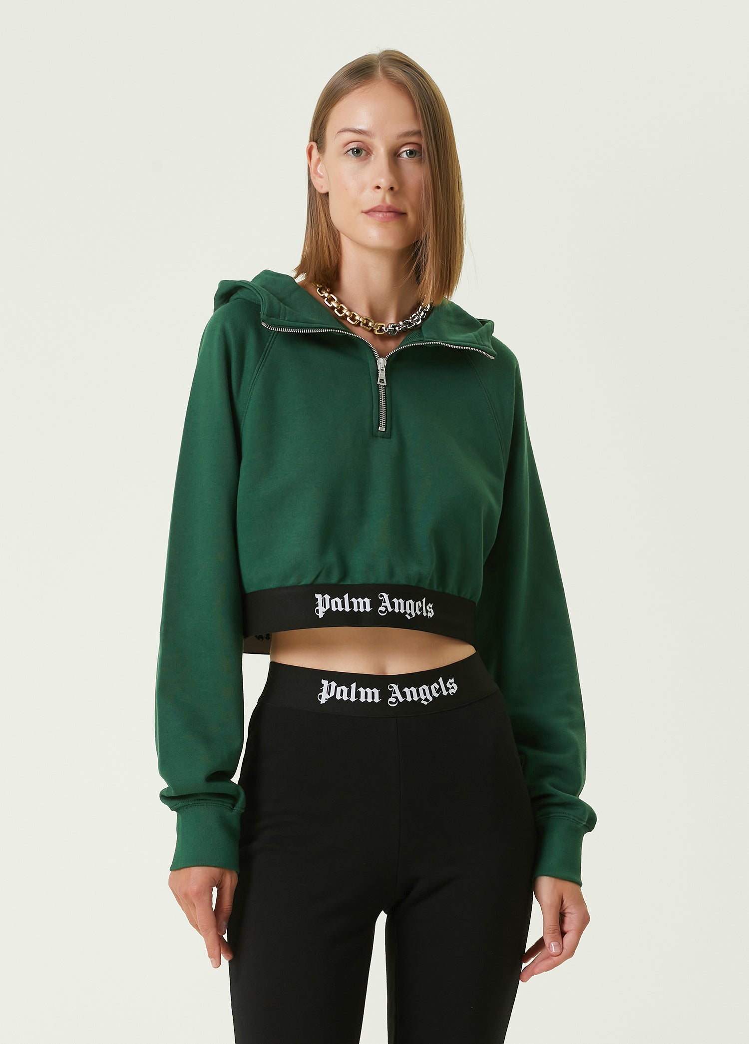 PALM ANGELS LOGO TAPE ZIPPED HOODY FOREST - BEYMEN